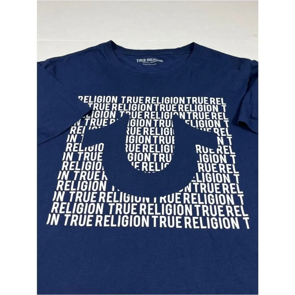 True Religion Mens Blue Budda Logo T-Shirt Casual Graphic Print Streetwear Tee M